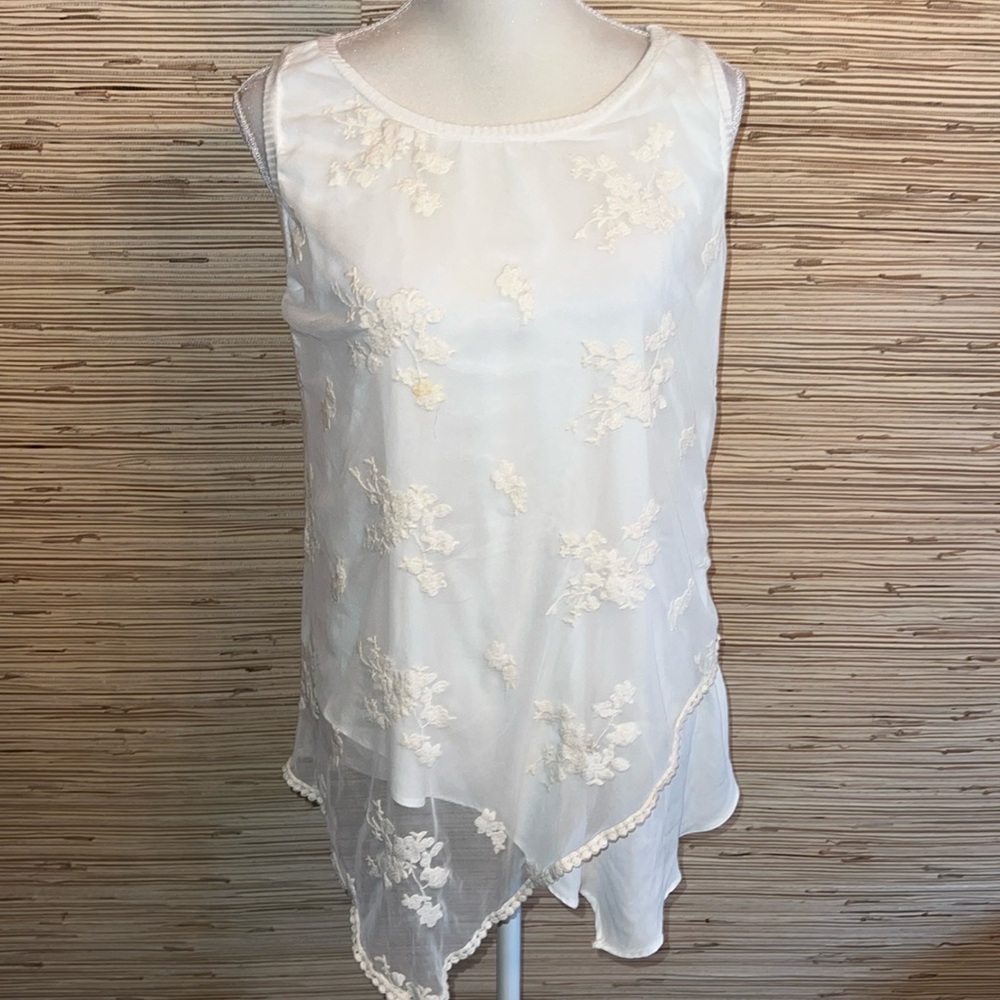 atina cristina off white cream sleeveless floral overlay shirt top asymmetrical